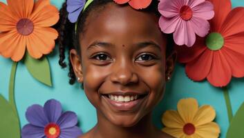 Paper collage featuring an African child surrounded by vibrant flowers in a portraitstyle painting photo