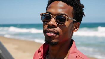 Young African American traveler with sunglasses stands by the seashore car photo