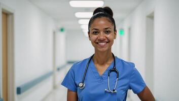 A portrait depicts an African American woman doctor standing in a hospital corridor photo