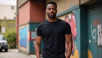 Confident African American male in fitted black tee against an urban backdrop captured under soft bokeh lighting to showcase textures and fit photo