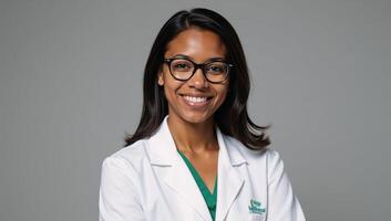 Portrait of a cheerful African American female physician beaming towards the lens photo