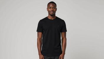 African American male model in plain black tee shirt for logodesign mockups photo