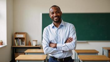 Portrait depicting an AfricanAmerican middleaged male teacher in his classroom setting photo
