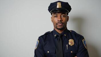 Portrait of an African American police officer in uniform against a blurry backdrop photo
