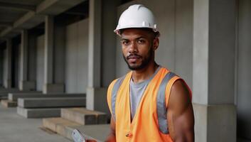 Image of confident AfricanAmerican construction worker on job site photo
