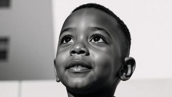 Blackandwhite portrait captures an expressive preschool African American boy under bright daylight looking up with clear skin and short hair photo