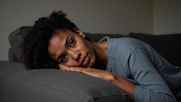 Lone African American woman rests on sofa with downturned gaze and slumped posture at home photo