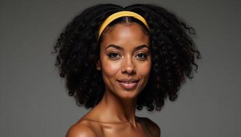 70sinspired portrait featuring an African American woman wearing a retro hairstyle with a large afro and headband photo