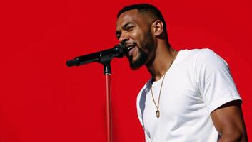 An AfricanAmerican male rapper performing against a red backdrop with a microphone photo
