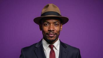 African American man depicted in vintage attire hat suit against a purplish backdrop resembling 1930s40s era workingclass portrait photo