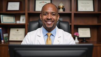 AfricanAmerican male doctor seated in office with smile while working on laptop photo