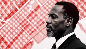 Black History Month tribute Artistic African male portrait blended with abstract red graphics on a horizontal background in blackandwhite style photo