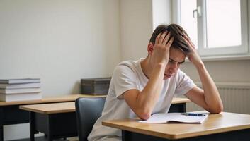 Troubled teen slouching anxiously in classroom setting soft background style photo