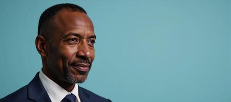 Portrait of a wise confident introspective African American man on calming blue backdrop photo