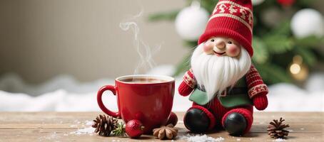 Watercolor winter scene featuring a cozy gnome enjoying hot chocolate with a festive red mug in Scandinavianstyle setting photo