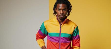 African American male in colorful 80sstyle tracksuit with dreadlocks photo