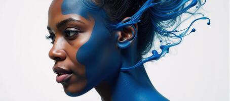 Abstract African American Head in Blue Ink Dynamic Lines with Artistic Fluidity photo