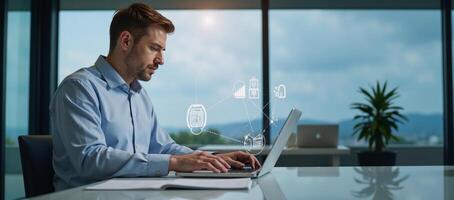 Digital transformation Man connects laptop tablet to internet via digital comm network telecom photo