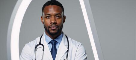 Portrait highlighting African American doctors set against white background photo