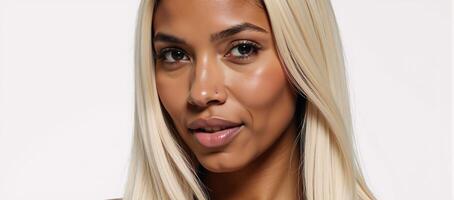 A beautiful AfricanAmerican model donning long white locks photo