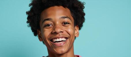 Closeup cartoon portrait of an happy and funny Generation Z Black teenage boy with cool curls smiling against a soft pastel background in animation style photo