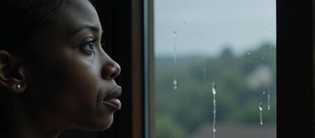 Digital painting featuring an emotional melancholic African American woman looking out of a rainsplattered window photo