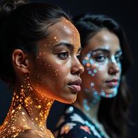 Glowing particle faces African American woman darkhaired man on bokeh backdrop photo
