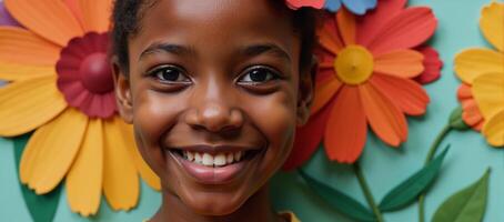 Paper collage featuring an African child surrounded by vibrant flowers in a portraitstyle painting photo