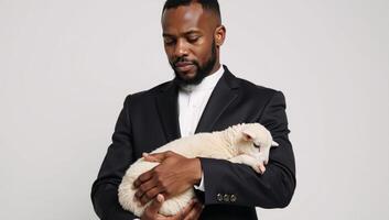 A black pastor cradles a sheep symbolizing a holy AfricanAmerican man as religious leader photo