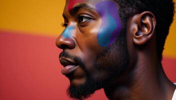 Colorful portrait showcases an AfricanAmerican man with a focused expression in a closeup facial profile photo