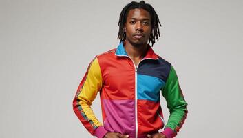 African American male in colorful 80sstyle tracksuit with dreadlocks photo