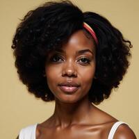 70sinspired portrait featuring an African American woman wearing a retro hairstyle with a large afro and headband photo