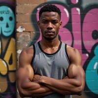 Young man in muscular form poses against graffitied backdrop AfricanAmerican photo