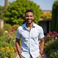 A handsome AfricanAmerican man smiles in an outdoor portrait while strolling through a garden photo