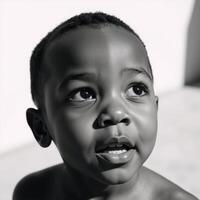 Blackandwhite portrait captures an expressive preschool African American boy under bright daylight looking up with clear skin and short hair photo