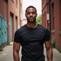 Confident African American male in fitted black tee against an urban backdrop captured under soft bokeh lighting to showcase textures and fit photo