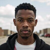 A powerful doubleexposure portrait captures a young African American man isolated amidst a desolate urban landscape photo