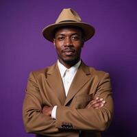 African American man depicted in vintage attire hat suit against a purplish backdrop resembling 1930s40s era workingclass portrait photo