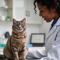 A rendered scene features an attentive Scottish fold cat being examined by an AfricanAmerican veterinarian photo