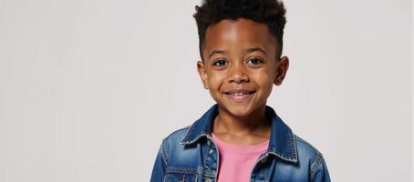A young AfricanAmerican child dressed in a denim jacket and pink attire poses for the camera with an engaging expression photo