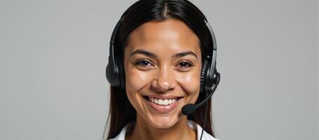 An AfricanAmerican woman wearing a headset smiles against an empty backdrop photo