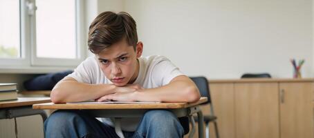 Troubled teen slouching anxiously in classroom setting soft background style photo