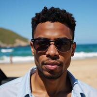 Young African American traveler with sunglasses stands by the seashore car photo