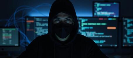 Anonymous hacker embodied as mysterious figure amidst dark web themes on ominous digital backdrop eliciting feelings of intrigue and warning photo