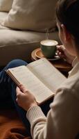 Create a cozy peaceful reading nook setting complete with a notebook warm drink and tranquil ambiance enriched by lofi music photo