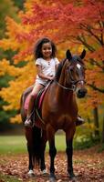 AfricanAmerican girl bonding with a horse amidst autumns vibrant colors conveying themes of childhood friendship and connection to nature photo