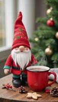 Watercolor winter scene featuring a cozy gnome enjoying hot chocolate with a festive red mug in Scandinavianstyle setting photo