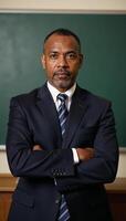 Portrait of serious African American man middleaged crossing arms in front of elementary school classroom with green chalkboard backdrop no students or children present photo