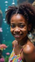 Vibrant underwater setting showcases an African American woman with a playful expression ideal for creative or romantic motifs photo