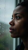 Digital painting featuring an emotional melancholic African American woman looking out of a rainsplattered window photo